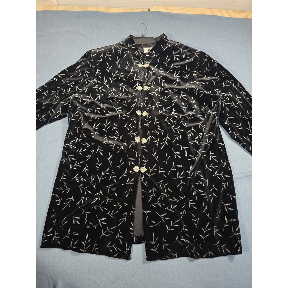 Vintage JBS Ltd. Black Velvet Mandarin Collar Jacket W/ Silver Glitter Leaf 20W